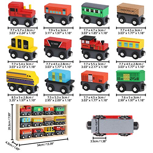 Kurtzy Tren de Madera Magnético con Caja de Almacenaje (Pack de 12) Locomotoras Educativas para Chicos y Chicas 3 + Años – Set Tren Madera Compatible con la Mayoría de Las Marcas de Vías de Tren