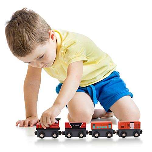 Kurtzy Tren de Madera Magnético con Caja de Almacenaje (Pack de 12) Locomotoras Educativas para Chicos y Chicas 3 + Años – Set Tren Madera Compatible con la Mayoría de Las Marcas de Vías de Tren