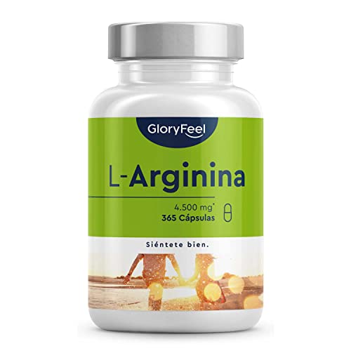 L-Arginina - 365 cápsulas veganas - 4500mg de L-Arginina HCL vegetal por dosis diaria (= 3750mg de L-Arginina pura) - Probado en laboratorio, alta dosificación