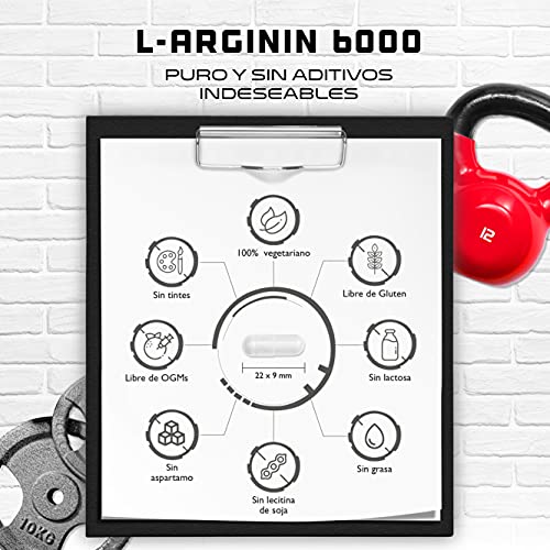 L-Arginina - 380 cápsulas veganas - 6000 mg de L-Arginina HCL vegetal por porción diaria (= 4980 mg de L-Arginina pura) - Aminoácido - Altamente dosificado