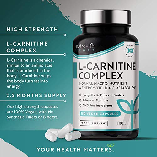 L CARNITINA Capsulas Veganas - 150 Cápsulas de alta resistencia con riboflavina, biotina, cromo, vitamina D, B3 y B6 añadidos - Metabolismo de macronutrientes y producción de energía - Nutravita