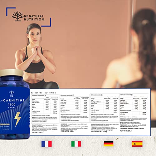 L-CARNITINA Natural 1500 Complemento L Carnitina Quemagrasas Mejora Energía Resistencia Rendimiento Deportivo Ayuda Adelgazar. 120 Cápsulas Vegetal 1500 mg CE Certificado VEGANO.N2 Natural Nutrition