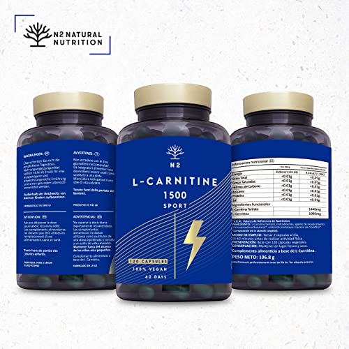 L-CARNITINA Natural 1500 Complemento L Carnitina Quemagrasas Mejora Energía Resistencia Rendimiento Deportivo Ayuda Adelgazar. 120 Cápsulas Vegetal 1500 mg CE Certificado VEGANO.N2 Natural Nutrition