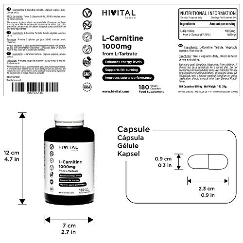 L-Carnitina pura 1000 mg. 180 cápsulas veganas. La LCarnitina ayuda a perder peso y quemar grasa. Aumenta la resistencia y la energía, mejorando la musculatura y el rendimiento deportivo