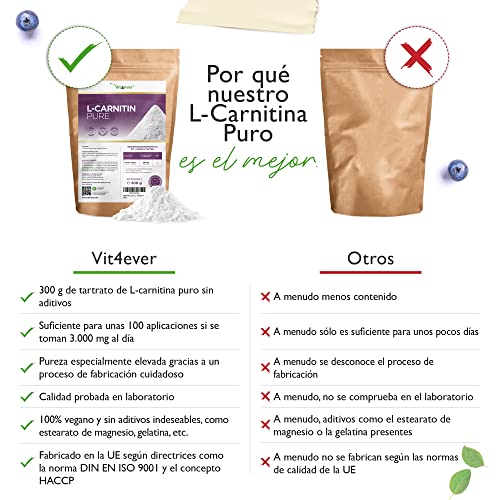 L-Carnitina Pura - 300 g de polvo puro sin aditivos - 100% L-Carnitina Tartrato - 100 raciones con 3000 mg de Carnitina en polvo - Vegano - Alta dosis