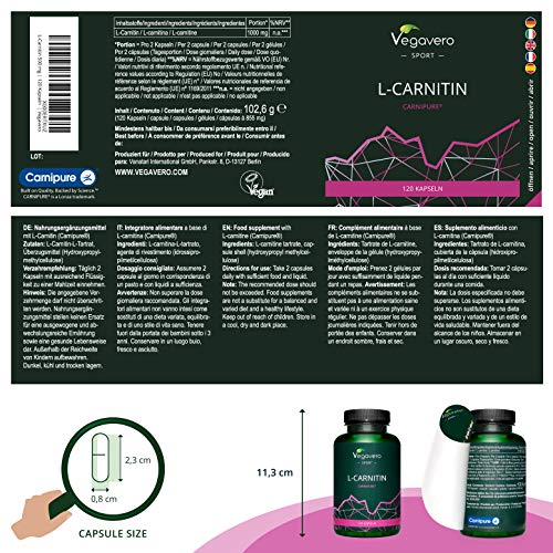 L-Carnitina Vegavero® SPORT | Ahora CARNIPURE® 1000 mg | PURA SIN ADITIVOS | Adelgazar Rápido + Quemagrasas Deportivos | 120 Cápsulas | Tartrato | Potente y Natural Pre Workout