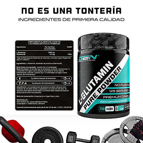 L-Glutamina en polvo - 750 g - Premium: L-Glutamina pura y ultrafina sin aditivos - Aminoácido L-Glutamina 100% micronizado - Neutro sin sabor - Altamente dosificado - Vegano