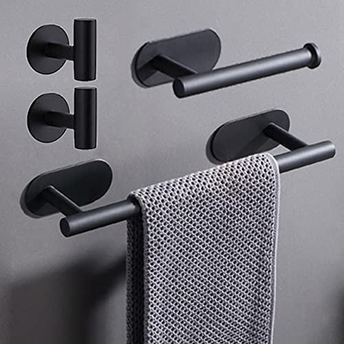 Laimew Juego de Accesorios de baño de 4 Piezas sin taladrar Acero Inoxidable Negro Barra de Toalla de 16 Pulgadas Soporte para Papel higiénico 2 Ganchos para Batas