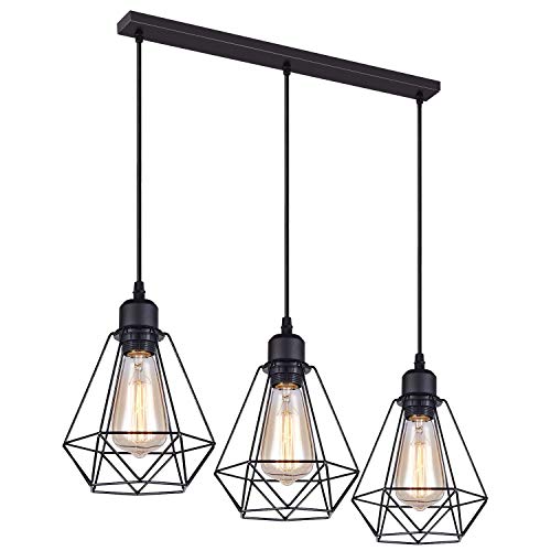 Lámparas Colgante Vintage 3 Luces, iDEGU Lámparas de Techo Industrial Metal Iluminación de Techo E27 en Estilo Jaula Geométrica, Negro, 20cm (3 Luces Barra)