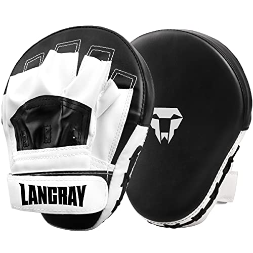 LangRay Guantes de Boxeo Curvados Manoplas de Boxeo Almohadillas Entrenamiento Cuero Paos de Boxeo PU Muay Thai Manoplas Boxeo para Kickboxing MMA Taekwondo,Negro y Blanco