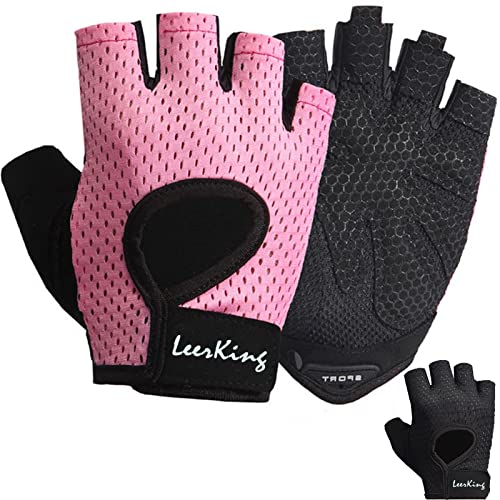 LeerKing Guantes Gimnasio Deportivos de Hombres Mujeres con Muñequera Guantes Antideslizantes Musculación Fitness Remo Ciclismo Gimnasia Baile de Barra Rosa S