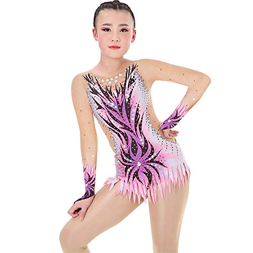 Leotardos de Gimnasia rítmica Maillot de Mujer para Chica Alta Elasticidad Diamante con pedrería Aspecto sin Mangas Competencia Profesional Baile Patinaje sobre Hielo,Rosado,140