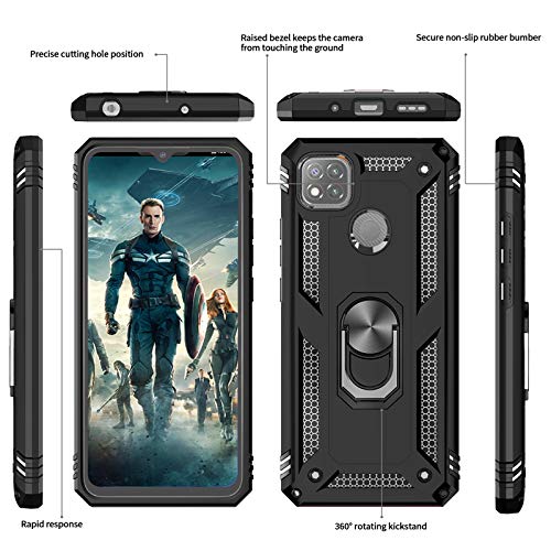 LeYi Funda para Xiaomi Redmi 9C / Redmi 9C NFC con [2-Unidades] Cristal Vidrio Templado,Armor Carcasa con 360 Anillo Soporte Hard PC y Silicona TPU Bumper Antigolpes Case para Redmi 9C / 9C NFC,Negro