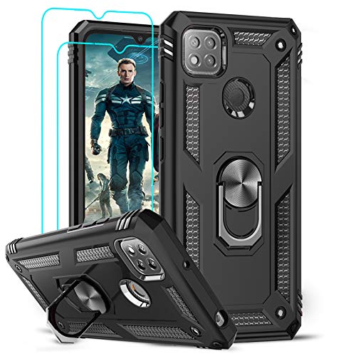 LeYi Funda para Xiaomi Redmi 9C / Redmi 9C NFC con [2-Unidades] Cristal Vidrio Templado,Armor Carcasa con 360 Anillo Soporte Hard PC y Silicona TPU Bumper Antigolpes Case para Redmi 9C / 9C NFC,Negro