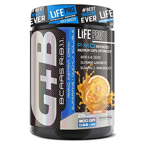 Life Pro BCAA + Glutamina Ajinomoto | Suplemento con BCAA’s 8:1:1 y Glutamina con Fórmula Patentada Ajinomoto 300g, Sabor Naranja