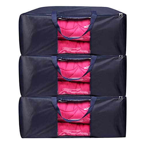 LinStyle 3 Piezas Bolsas de Almacenamiento Debajo de la Cama, Plegable Organizador de Edredones Manta con la Cremallera para Guardar la Ropa, Edredones, Ropa de Cama, Almohadas - Azul Oscuro