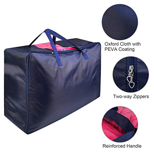 LinStyle 3 Piezas Bolsas de Almacenamiento Debajo de la Cama, Plegable Organizador de Edredones Manta con la Cremallera para Guardar la Ropa, Edredones, Ropa de Cama, Almohadas - Azul Oscuro