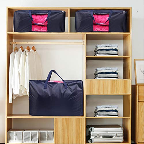 LinStyle 3 Piezas Bolsas de Almacenamiento Debajo de la Cama, Plegable Organizador de Edredones Manta con la Cremallera para Guardar la Ropa, Edredones, Ropa de Cama, Almohadas - Azul Oscuro