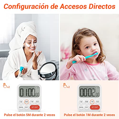 LIORQUE Temporizador de Cocina Digital Temporizador Multifunción con Función de Reloj, Ajuste Rapido, 3 Niveles de Volumen, Respaldo Magnético, Soporte Plegable (1 Pieza)