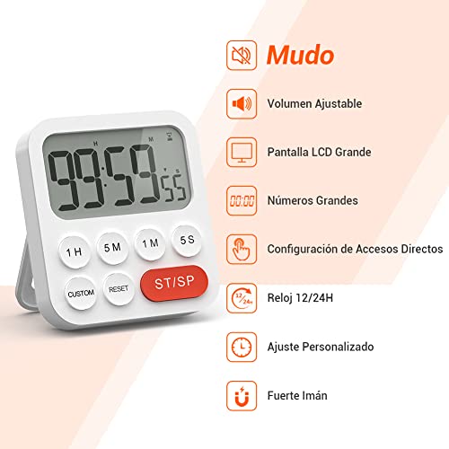 LIORQUE Temporizador de Cocina Digital Temporizador Multifunción con Función de Reloj, Ajuste Rapido, 3 Niveles de Volumen, Respaldo Magnético, Soporte Plegable (1 Pieza)