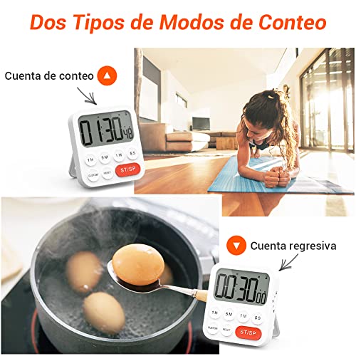 LIORQUE Temporizador de Cocina Digital Temporizador Multifunción con Función de Reloj, Ajuste Rapido, 3 Niveles de Volumen, Respaldo Magnético, Soporte Plegable (1 Pieza)