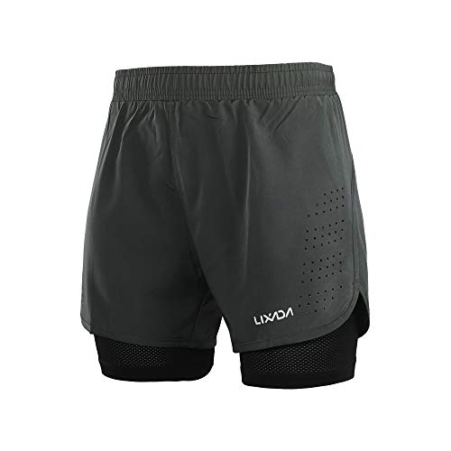 Lixada Hombres Pantalónes Cortos de Running 2-en-1, Pantalones Cortos de Atletismo, Pantalones Cortos de Fitness Maratón, Transpirable Pantalones+Secado Rápido (Gris Oscuro, M)