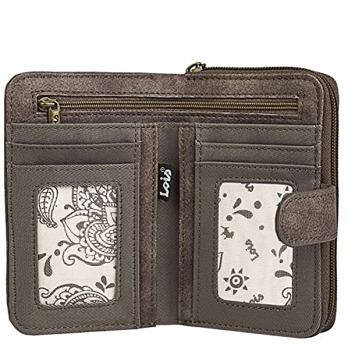 Lois - Cartera de Mujer Pequeña con Bordados y Motivos Mandala de Marca LOIS. Nylon y Cuero Vegano PU para Uso Diario con Cierre Cremallera y Botón. Protección Antiescaneo RFID 304414, Color Marron