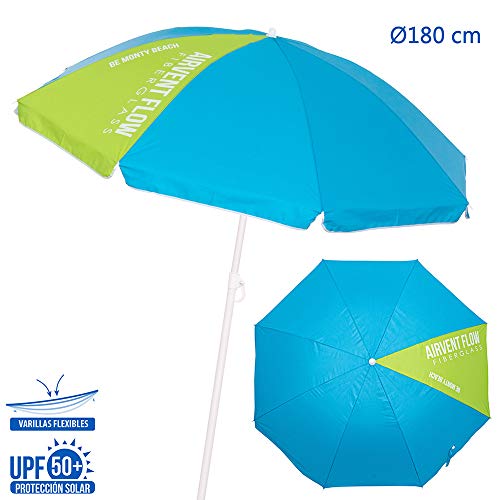 LOLAhome Sombrilla Playa con protección Solar antiviento Azul de Acero y Fibra de Vidrio de Ø 180 cm