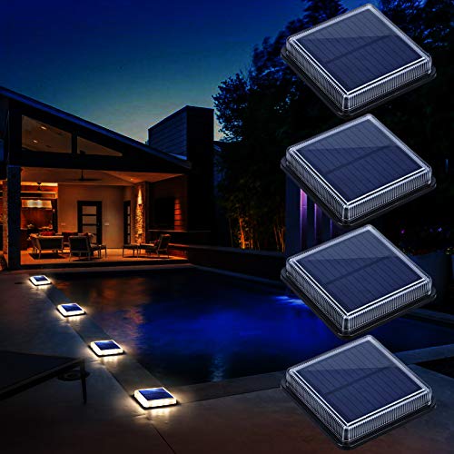 Luces Solares Jardin, Lámpara Solar Exterior IP68 Impermeable Auto ON/OFF Luz Solar del Piso para Step Garaje Camino Patio Deck Entrada Vía Calle Valla - Blanco Cálido - Cuadrado - 4 Pack