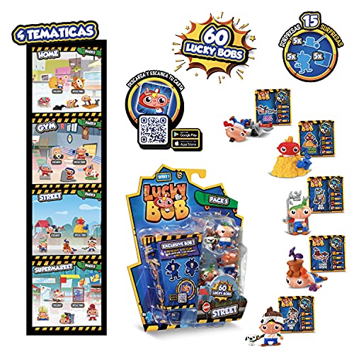 LUCKY BOB Pack de 5 Figuras divertidas y coleccionables con 5 Accesorios | Temática Sorpresa (Home, Gym, Street & Supermarket) - Juguete muñeco para niños 3-10 años