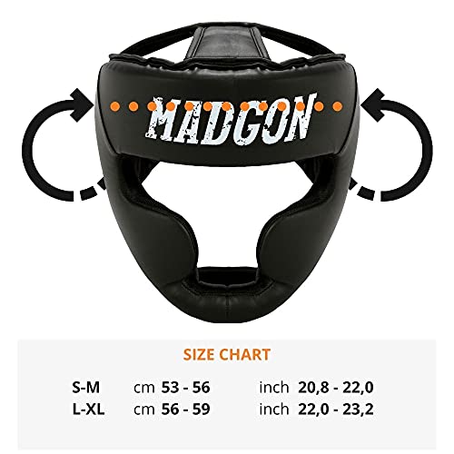 MADGON Casco de Boxeo con Increíble Protección de Impactos – Protector de Cabeza Boxeo Completo – Visión Ideal y Mínima Sudoración – Artes Marciales, MMA, Kick Boxing, Sparring – Incluye Bolsa