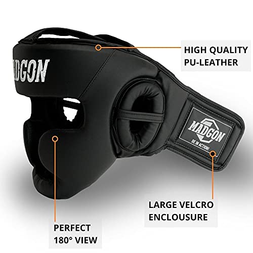 MADGON Casco de Boxeo con Increíble Protección de Impactos – Protector de Cabeza Boxeo Completo – Visión Ideal y Mínima Sudoración – Artes Marciales, MMA, Kick Boxing, Sparring – Incluye Bolsa