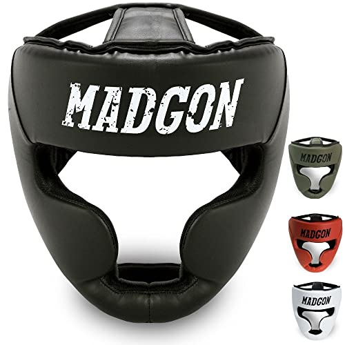 MADGON Casco de Boxeo con Increíble Protección de Impactos – Protector de Cabeza Boxeo Completo – Visión Ideal y Mínima Sudoración – Artes Marciales, MMA, Kick Boxing, Sparring – Incluye Bolsa