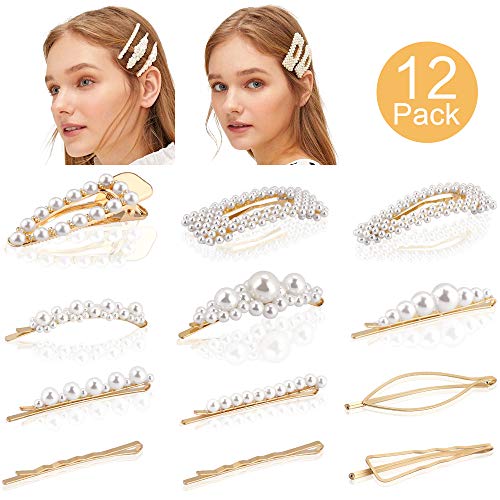 Makone Pinzas Horquillas Perlas Pelo Mujeres Artificiales Resina Acrílica Clips, Perlas Pinzas Para el Cabellola Fiesta de Bodas de la Novia de Dama de Niña Accesorios (12 PCS)