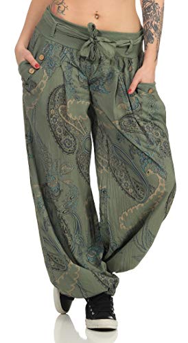 Malito Mujer Pantalón Estampado Yoga Pantalón-Anchos 3485 (Adecuado de la Talla 36 hasta 44, Oliva)