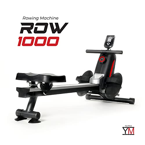 Máquina de remo plegable para casa YM ROW 1000, silenciosa, ergonómica, robusta y compacta, 8 niveles, Bluetooth + aplicación Coach Entrenamiento y vídeo (Kinomap), riel deslizante de aluminio