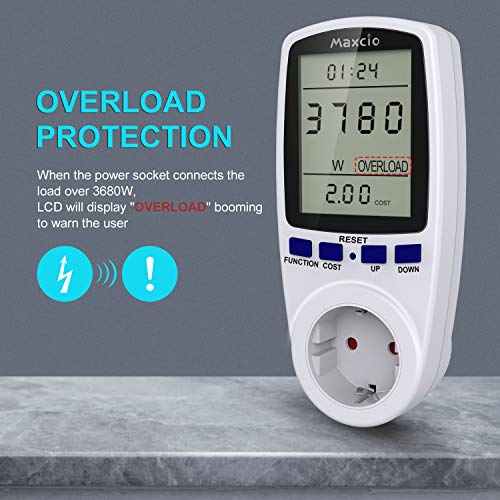 Maxcio Medidor de Consumo de Energía, Monitor de Electricidad Recargable con Pantalla LCD Retroiluminada, 7 Modos Medidor de Consumo Electrico con Protección contra Sobrecarga, Costo de Electricidad