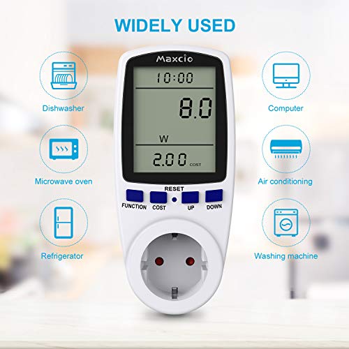 Maxcio Medidor de Consumo de Energía, Monitor de Electricidad Recargable con Pantalla LCD Retroiluminada, 7 Modos Medidor de Consumo Electrico con Protección contra Sobrecarga, Costo de Electricidad