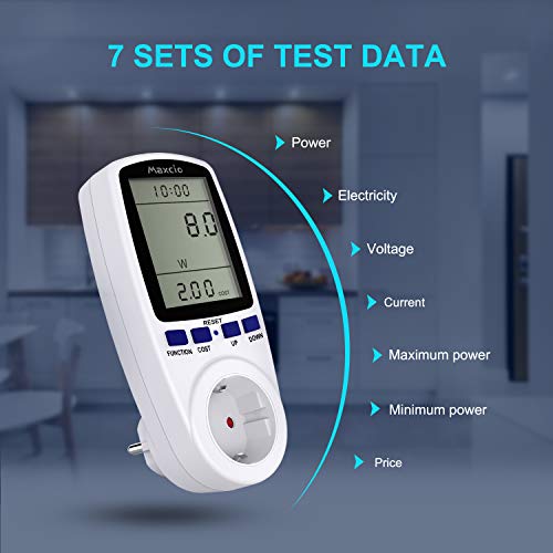 Maxcio Medidor de Consumo de Energía, Monitor de Electricidad Recargable con Pantalla LCD Retroiluminada, 7 Modos Medidor de Consumo Electrico con Protección contra Sobrecarga, Costo de Electricidad