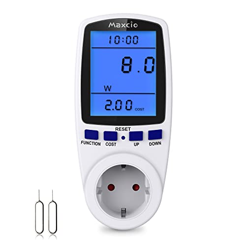 Maxcio Medidor de Consumo de Energía, Monitor de Electricidad Recargable con Pantalla LCD Retroiluminada, 7 Modos Medidor de Consumo Electrico con Protección contra Sobrecarga, Costo de Electricidad