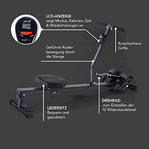 MAXXMEE Máquina de remo plegable | Entrenamiento eficiente incluso con poco espacio | Promueve la circulación, la resistencia y el desarrollo muscular | Ajustable individualmente a 12 niveles[Negro]