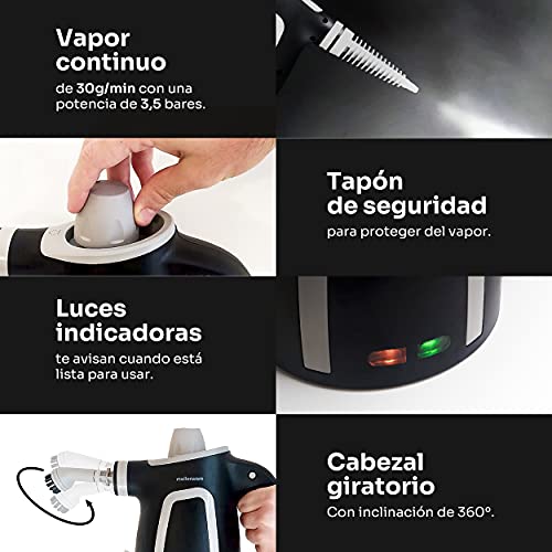 Mellerware Limpiador a Vapor de Mano Fush! | Vaporeta de Limpieza Hogar 1050W | Limpiador portátil Multiuso | Tanque 380mL | 9 Accesorios para Hogar, Baño, Cocina, Alfombra exterior (Black)