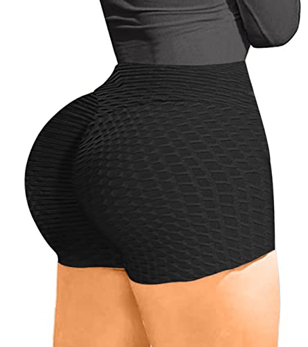 Memoryee Mujeres Leggings Pantalones Cortos de Yoga de Cintura Alta Plisados con Panal de Abeja para Gimnasio Levantamiento de glúteos Calientes Ejercicio Control Mallas/Black/S