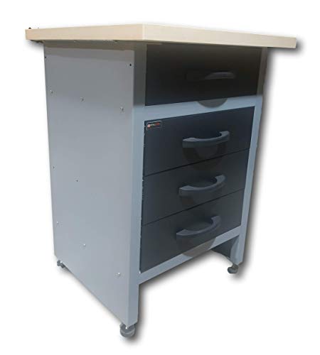 METALLMOBELL- MB005. Banco de Trabajo de 60x60x84Cm, ideal para Taller, Garaje o Desván, con 4 cajones amplios y tablero de madera de 3 Cm, ideal para organizar tu Herramienta (GRIS/NEGRO)