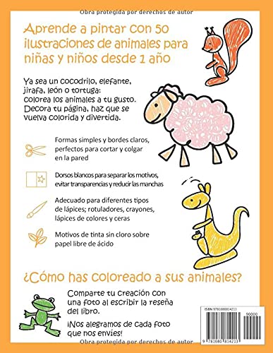 Mi primer libro para colorear ANIMALES — A partir de 1 año — Libro de dibujar para niños y niñas con 50 motivos de animales, libro para garabatear: ... en blanco: Libro de dibujo para niño y niña