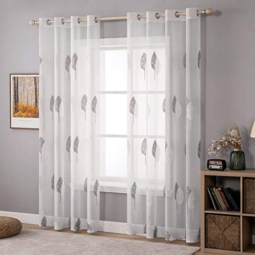 MIULEE 2 Unidades Cortinas Bordado Translucida de Dormitorio Moderno Ventana Visillos Rayas Salon Paneles con Ojales Plateados para Sala Cuarto Comedor Salon Cocina Habitación 140x245 cm Gris