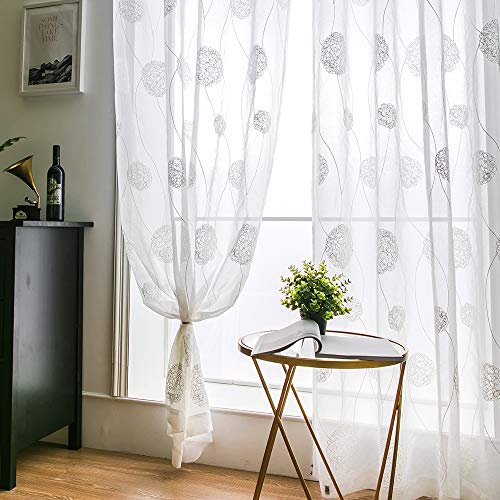 MIULEE Cortinas Bordado Translucida Dormitorio Moderno Ventana Visillos Rayas Salon Paneles con Ojales Plateados para Sala Cuarto Salon Cocina Habitación 140x245cm 2 Piezas Hortensia Blanca