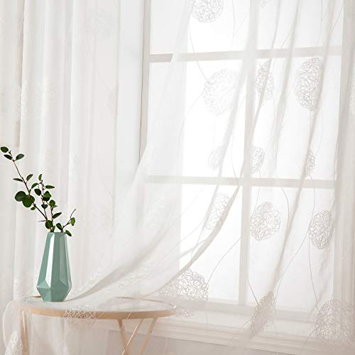 MIULEE Cortinas Bordado Translucida Dormitorio Moderno Ventana Visillos Rayas Salon Paneles con Ojales Plateados para Sala Cuarto Salon Cocina Habitación 140x245cm 2 Piezas Hortensia Blanca