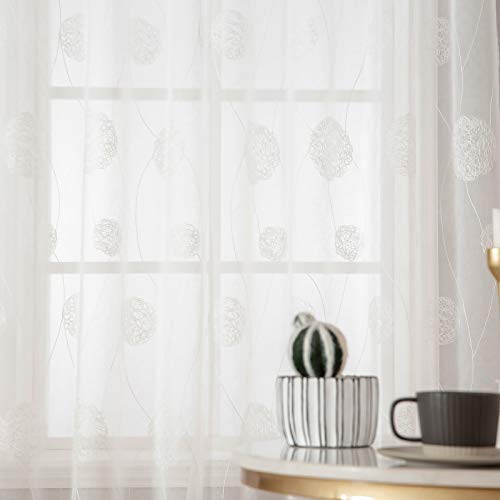 MIULEE Cortinas Bordado Translucida Dormitorio Moderno Ventana Visillos Rayas Salon Paneles con Ojales Plateados para Sala Cuarto Salon Cocina Habitación 140x245cm 2 Piezas Hortensia Blanca