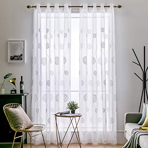 MIULEE Cortinas Bordado Translucida Dormitorio Moderno Ventana Visillos Rayas Salon Paneles con Ojales Plateados para Sala Cuarto Salon Cocina Habitación 140x245cm 2 Piezas Hortensia Blanca